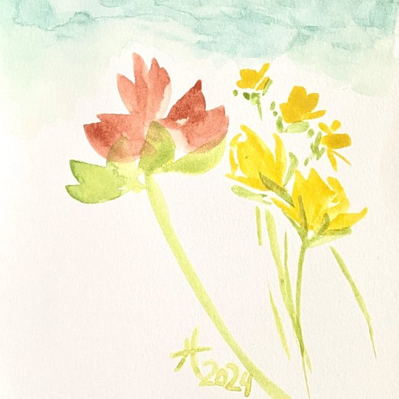 Spring Fling Original Wall Art Minimalist Flowers Watercolor Painting Mat 8x10in - Picture 1 of 4